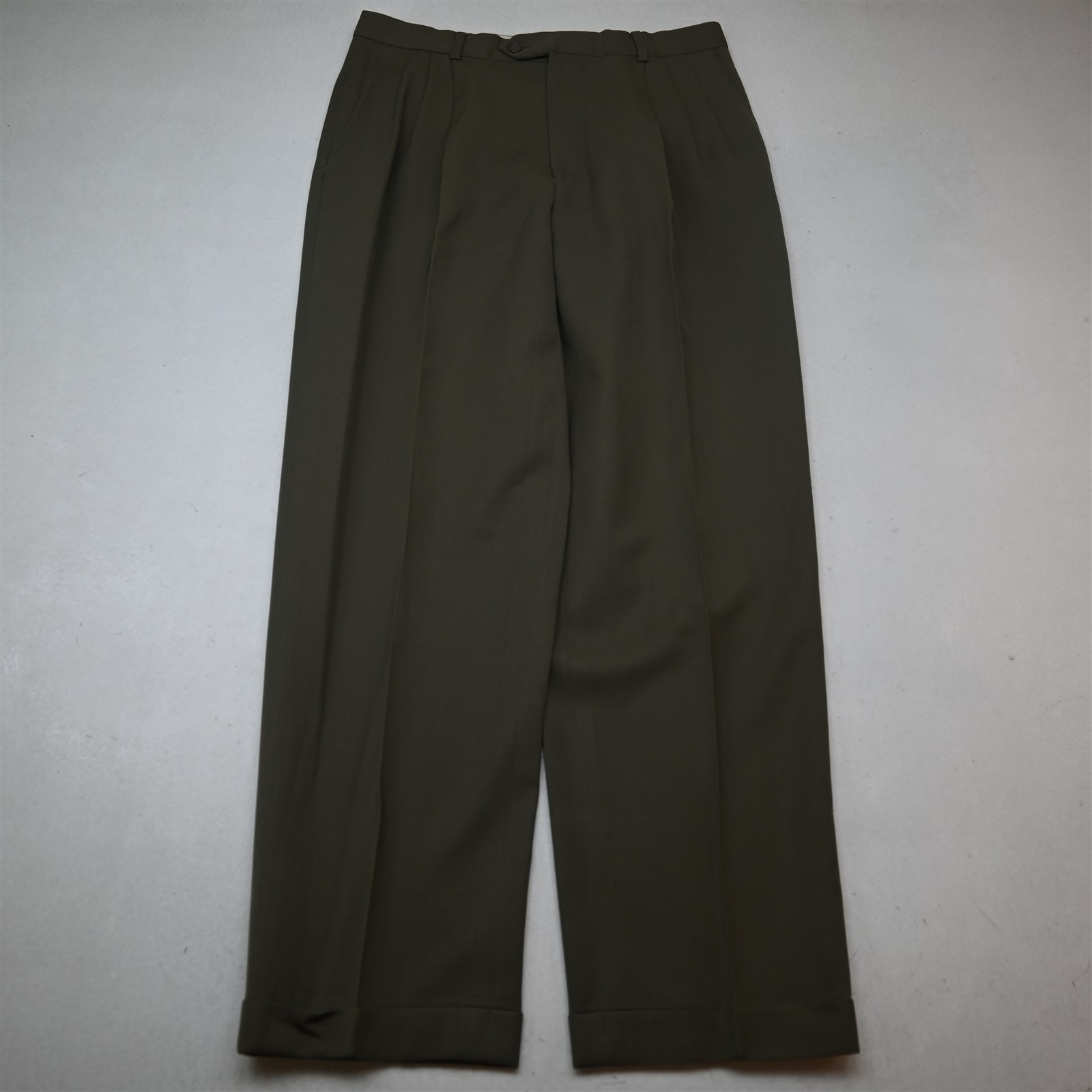 Vtg Y2k 2000s 31x32 Tan Beige 100% Wool Pleated Cuffed High Waist Dress Pants